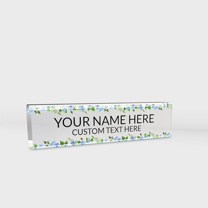 Signs ByLITA Floral Pattern Customized Nameplate | Wild Blue Personalized Full Color Acrylic Desk Sign