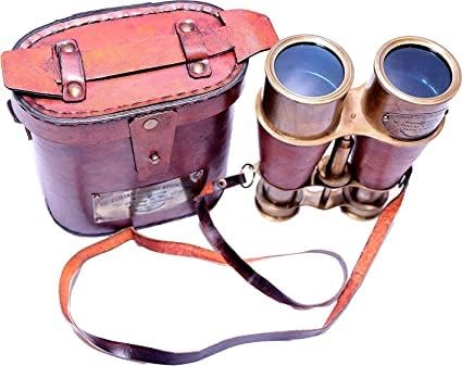 Nautical Marine Binocular Leather Case with Antique Brass Compass