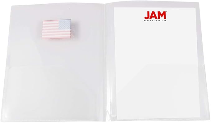 JAM PAPER Plastic Light Weight Two Pocket Presentation Folders - Clear w/American Flag - 12/Pack