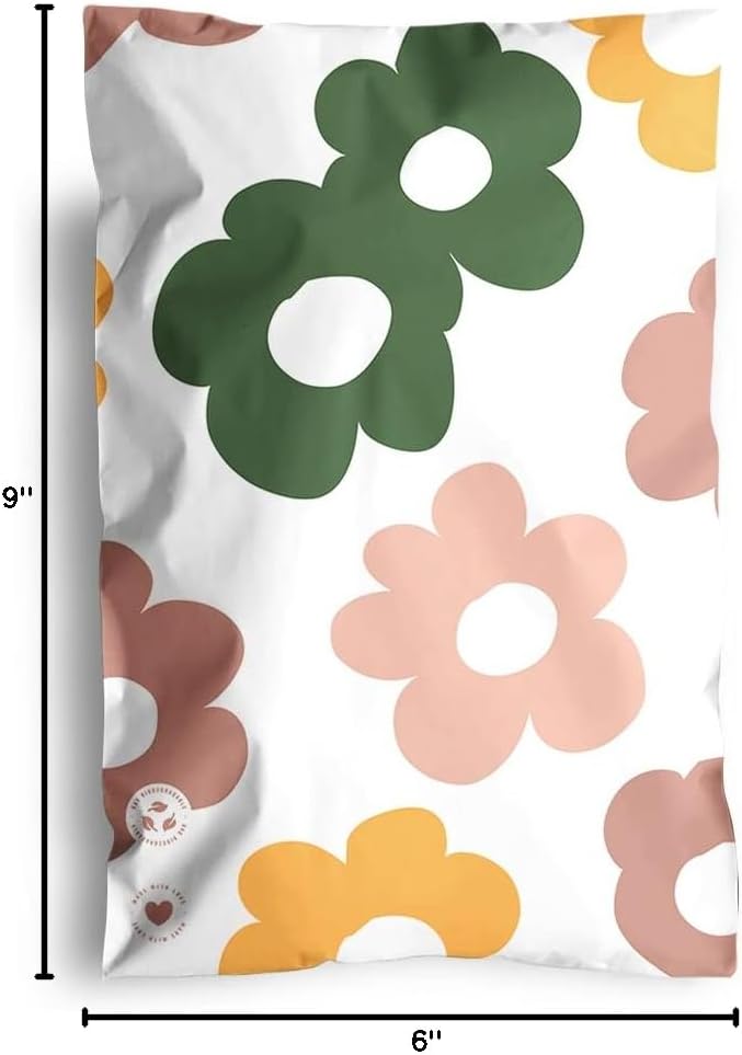 Poly Mailers 6 x 9 Inch - 100 pack Biodegradable Shipping Bags for Stationery and Small Accessories - Impack Self-Seal Waterproof Thick Mailing Envelope for Small Items - Daisy Multi