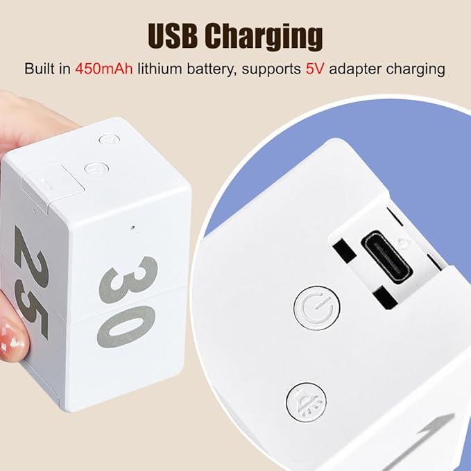 Pomodoro Timer Cube, Desk Productivity Time Management Tool with 10 Timer Presets, Adjustable Volume Small Pomodoro Cube for Task Work Cooking Kitchen