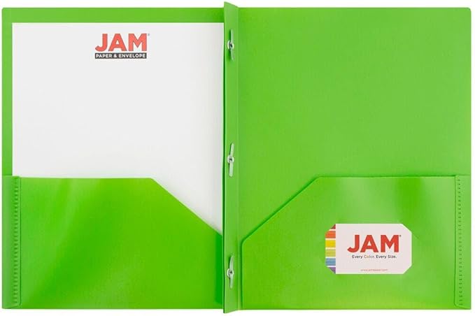 JAM PAPER Plastic Color Pop Folders - 2 Pocket Durable Folders with Metal Prongs Fastener Clasps - Lime Green - 3/Pack