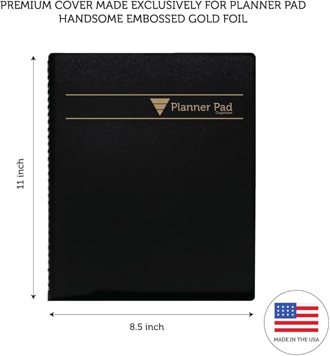 Planner Pad Spiral Bound January-December 2026/ Calendar Year 8 1/2" x 11" Large 3-Tier Funnel Down 12 Month Organizer, Black Cover/Black Ink