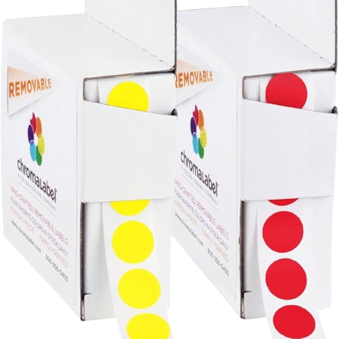 ChromaLabel 1/2 Inch Circle Sticker Labels, Easy to Write On Color Coding Label, Removable Colored Dot Stickers - 1000 Sticky Dots per Dispenser Box, Yellow and Red Labels