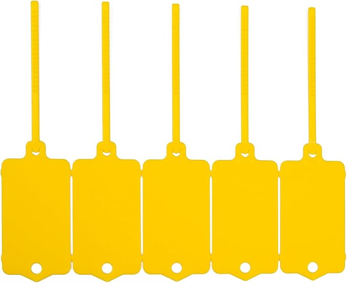 100pcs Blank Plastic Tags for Labeling Reusable Hanging Tags Ties Key Tag Storage Labels Waterproof Plastic Mark Label Writable Hang Sign with One Marker Pen (Yellow)