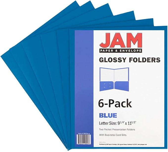 JAM PAPER Laminated Two Pocket Glossy School Folders - Letter Size - High Gloss Blue - 6/Pack