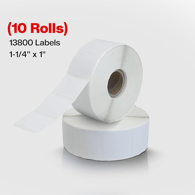 1 1/4” × 1”Direct Thermal Printer Labels, 10 Rolls, 13,800 Matte White Thermal Barcode Labels with Strong Adhesive, Compatible with Zebra & Eltron Printers (No Ink or Toner Needed)