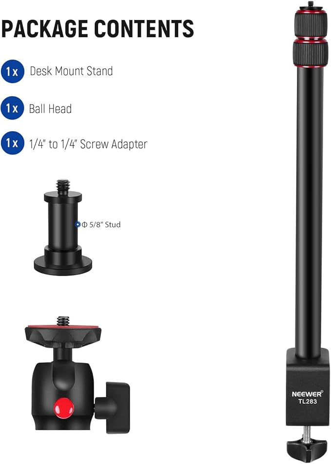 NEEWER Extendable Camera Desk Mount with Ball Head, 17"-40" Adjustable Table Light Stand with 1/4" Screw & C Clamp for DSLR Camera, Ring Light, Live Stream, Vlog, Max Load: 6.6lb/3kg, TL283 (RED)