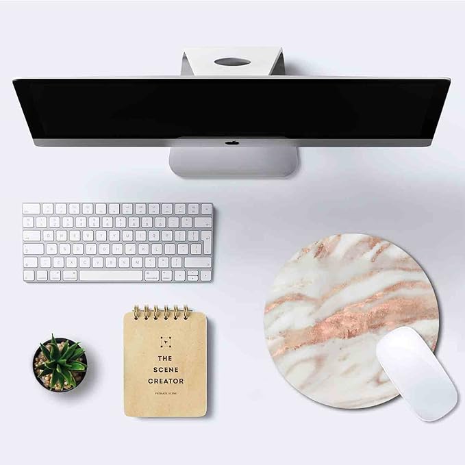 IMAYONDIA Round Mouse Pad, White and Rose Gold Marble Mouse Pad, Non-Slip Rubber Base Mousepad for Wireless Mouse, Small Computer Travel Mouse Mat for Men Women Kids, Abstract Metal Luxury Texture