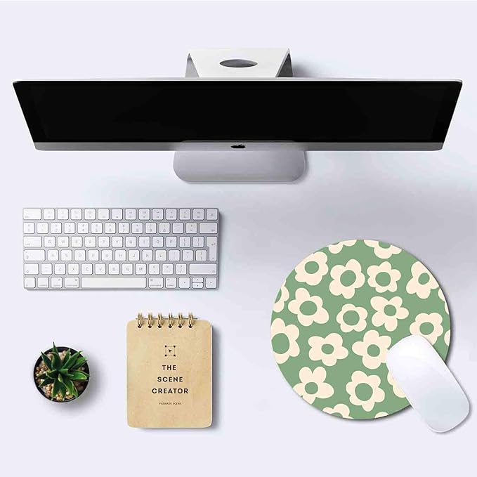 IMAYONDIA Green Round Mouse Pad, Vintage Groovy Flowers Mousepad Small, Non-Slip Rubber Base Modern Mouse Pad for Computer,Laptop,Office, Circular Decor Cute Design Assecories for Girls Kids