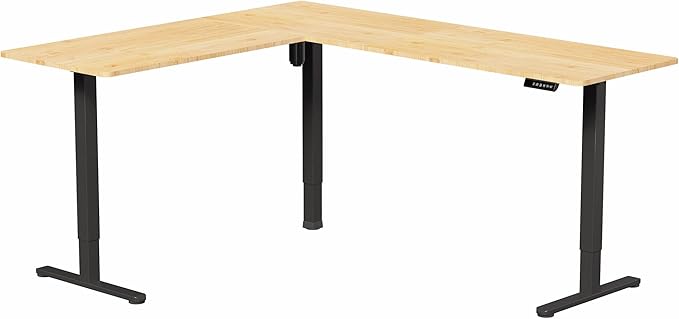 VIVO Electric Corner 75 x 63 inch L-Shaped Standing Desk, Memory Height Adjustment, Real Bamboo Top Black Frame, DESK-E3CTBO-75