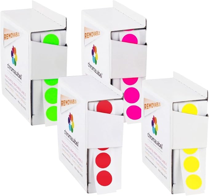 ChromaLabel 1/2 Inch Removable Circle Sticker Labels, Easy to Write On Label, Colored Dot Stickers - 1000 Sticky Dots per Dispenser Box, Yellow, Red, Fluorescent Green, and Fluorescent Pink Labels