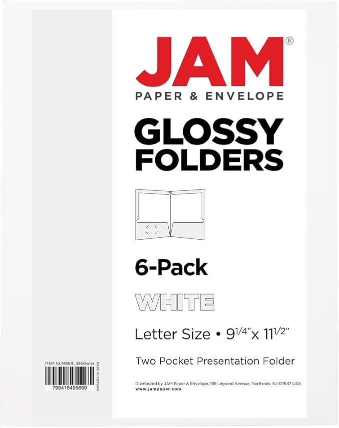 JAM PAPER Laminated Two Pocket Glossy School Folders - Letter Size - High Gloss White - 6/Pack