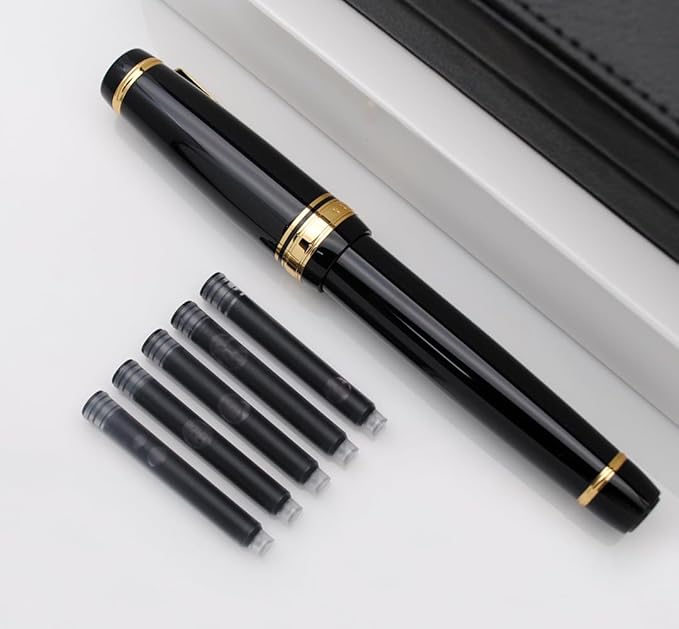 xixixiaozhu Metal Big Fountain Pen, Medium Nib 0.7mm, Includes Ink Converter & 5 Cartridges, Glossy Piano Painted Finish (Black)