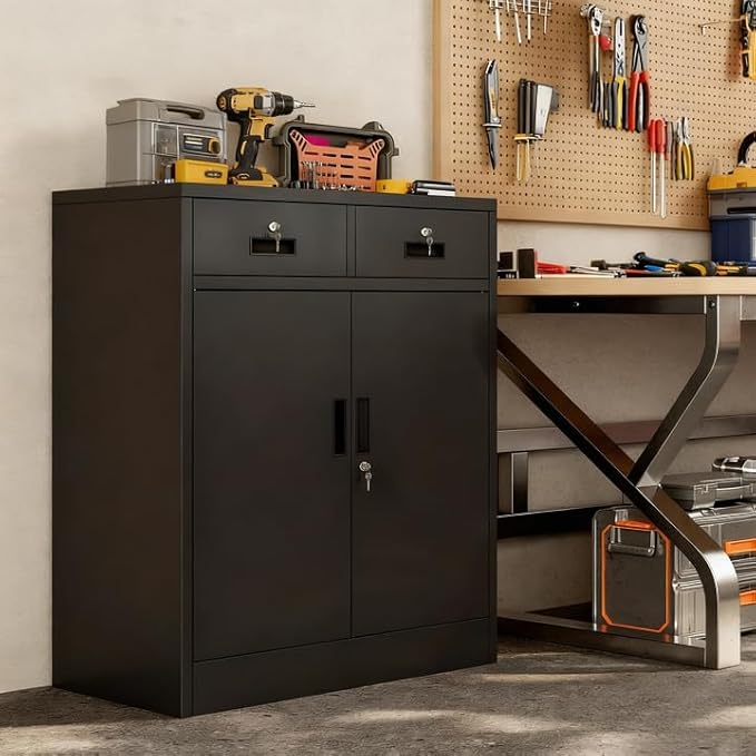 TaskStorz Metal Storage Cabinet, 36 Inch Tall Metal Garage Cabinet with 2 Doors and 2 Drawers, Lockable Cabinet with Adjustable Shelf, Pantry Cabinets for Home Office,Kitchen,Pantry,Garage,Warehouse