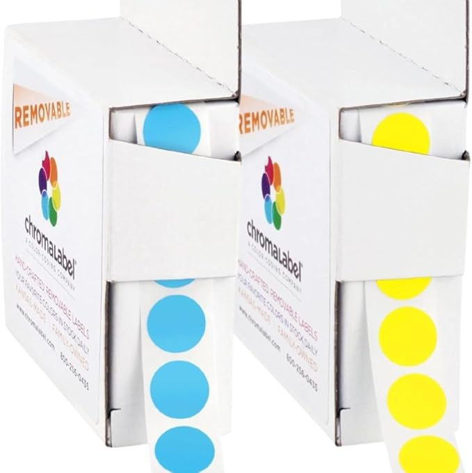 ChromaLabel 1/2 Inch Removable Circle Sticker Labels, High Visibility Round Colored Stickers, Sticky Dots - 1000 Color Coding Stickers per Dispenser Box, 1000 Light Blue and Yellow Dots