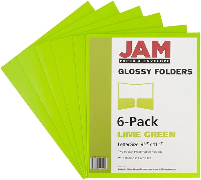 JAM PAPER Laminated Two Pocket Glossy School Folders - Letter Size - High Gloss Lime Green - 6/Pack
