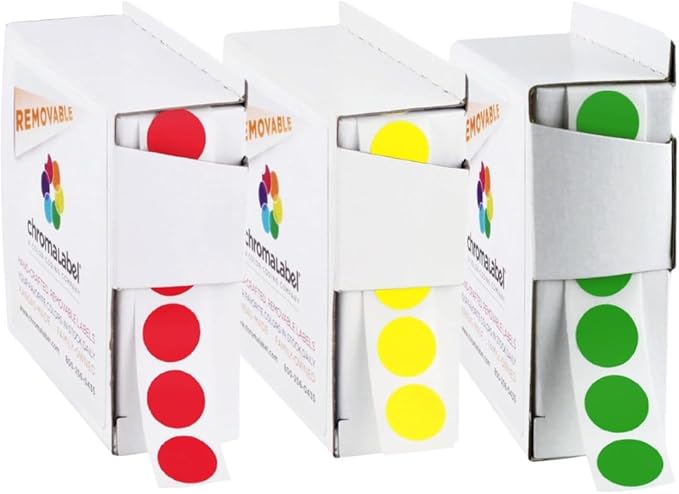 ChromaLabel 1/2 Inch Removable Round Colored Stickers, Ideal Colored Dot Sticker for Arts and Crafts - 1000 Sticker Labels per Dispenser Box, Red, Yellow, and Green Dot Stickers
