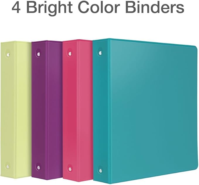 Oxford Cardinal 3 Ring Binders, Binders for School and Office, Durable 1.5 Inch, Round Rings, Holds 350 Sheets, ClearVue Presentation View, Non-Stick, Assorted Bright Colors, 4 Pack (79553)