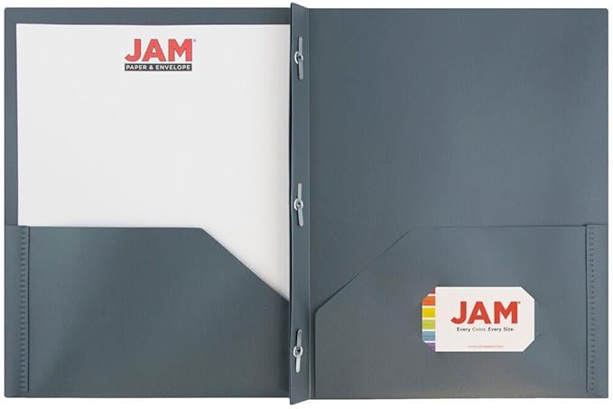 JAM PAPER Plastic Color Pop Folders - 2 Pocket Durable Folders with Metal Prongs Fastener Clasps - Grey - 3/Pack