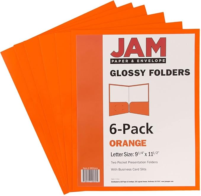 JAM PAPER Laminated Two Pocket Glossy School Folders - Letter Size - High Gloss Orange - 6/Pack