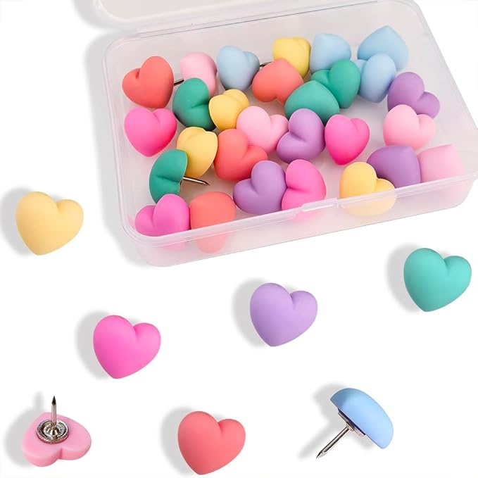 Aoxsie 28pcs Decorative Cute Push Pins Multicolored Heart Thumbtacks Thumb Tacks Pushpins for Bulletin Cork Boards Office Products