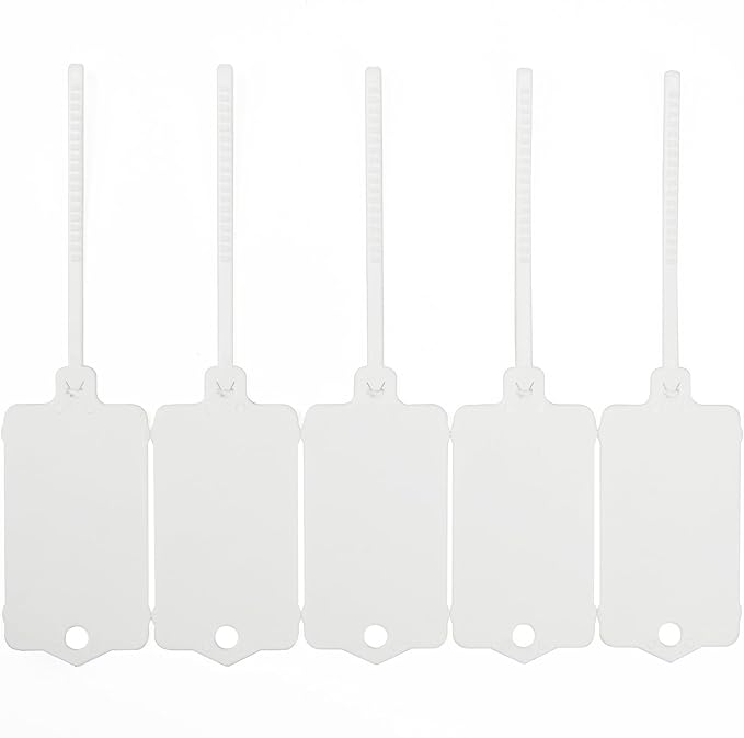 100pcs Blank Plastic Tags for Labeling Reusable Hanging Tags Ties Key Tag Storage Labels Waterproof Plastic Mark Label Writable Hang Sign with One Marker Pen (White)