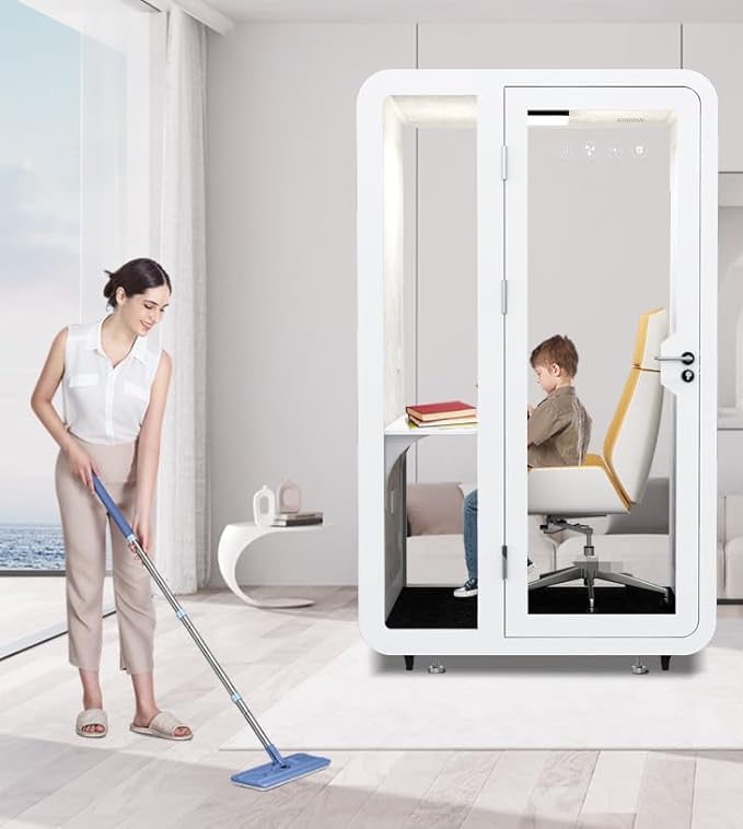GEARONIC Mobile Office Pod Booth, Sound Proof Booth for Home, Mobile Roller with Desk, LED Light, Fans and AC USB Ports (White)