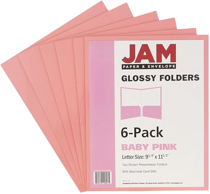 JAM PAPER Laminated Two Pocket Glossy School Folders - Letter Size - High Gloss Baby Pink Pastel - 6/Pack