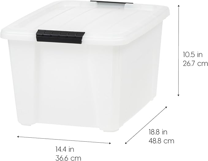 IRIS USA 33 Qt Stackable Plastic Storage Bins with Lids, 8 Pack - BPA-Free, Made in USA - Discreet Organizing Solution, Latches, Durable Nestable Containers, Secure Pull Handle - Pearl