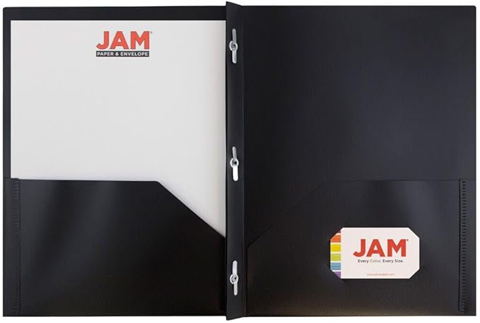 JAM PAPER Plastic Color Pop Folders - 2 Pocket Durable Folders with Metal Prongs Fastener Clasps - Black - 3/Pack