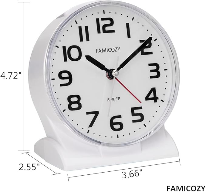 FAMICOZY 4.5" No Ticking Analog Alarm Clock,Silent Readable for Seniors,Easy to Set,Gradual Rise Alarm,Big Numbers,On/Off Switch on Side,Gentle Wake,Snooze Soft Backlight,Battery Operated,White