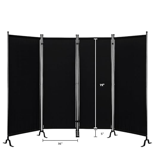 Proman Products - Galaxy 4 Panel Section Privacy Folding Screen Divider, Water Repellent Fabric Room Divider with Black Powder Coated Metal Frame for Indoors or Outdoors (Black)