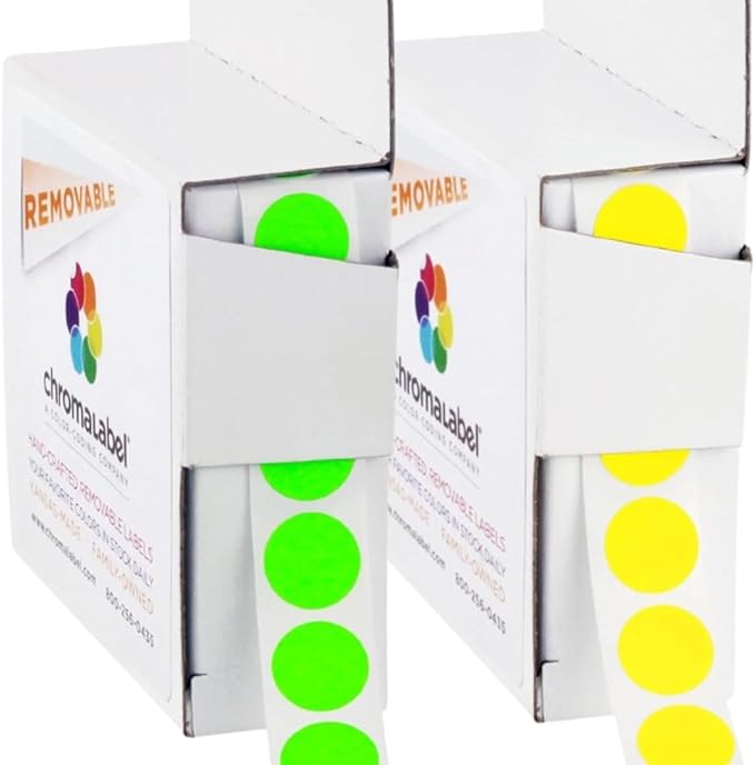 ChromaLabel 1/2" Round Removable Fluorescent Green and Yellow Stickers, 1000 Colored Dots for Arts and Crafts, Organization, Office, Retail, Classroom, Warehouse, Food Service, 1000 Stickers per Box