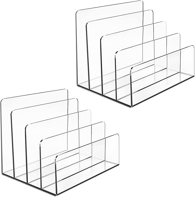 Halyuhn Acrylic Desk File Organizer 2 Pack, 4 Section Letter Organizer, Clear Folder Holder, Desktop File Holder for Document, Notebook and Newspaper, Clear Desk Storage Rack for Home and Office Use