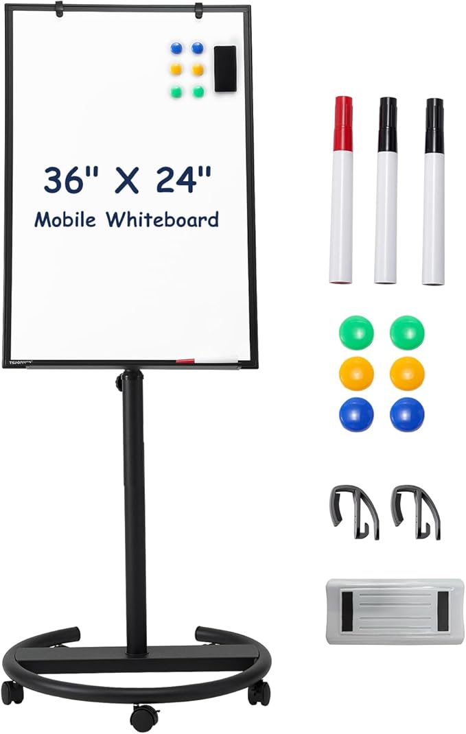 TSJ OFFICE Mobile Whiteboard Standing - 36 X 24 Inches Magnetic Rolling White Board, Height Adjustable Dry Erase Board on Wheels with Flip Chart Hooks, Black