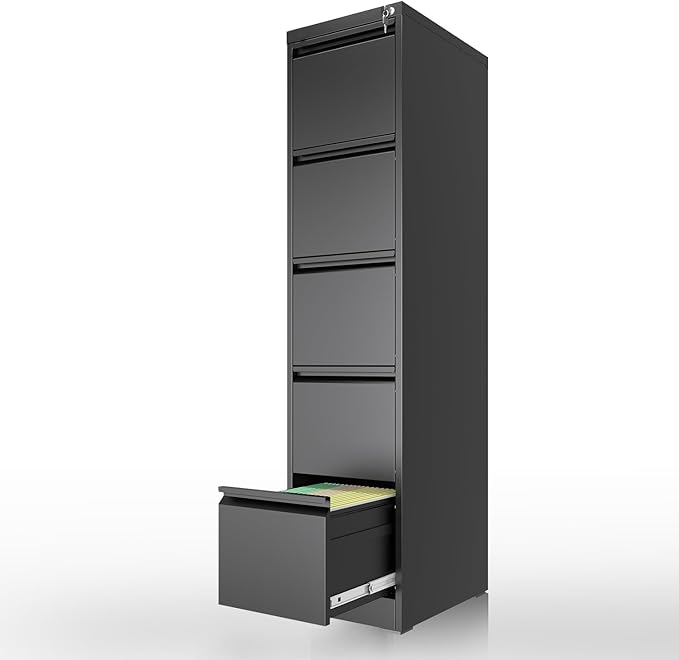 Yukimo 5 Drawer File Cabinet with Lock, Vertical Filing Cabinets for Home Office, Locking File Cabinet Hanging Files for A4/ Legal/Letter, Require Assembly, Black