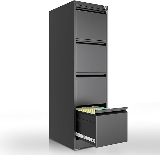 Yukimo 4 Drawer File Cabinet with Lock, Vertical Filing Cabinets for Home Office, Locking File Cabinet Hanging Files for A4/ Legal/Letter, Require Assembly, Black