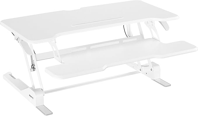 Mount-It! Standing Desk Converter White 38” Wide Height Adjustable Stand Up Desk Riser, Desk Topper with Gas Spring, Desktop Standing Desk with Keyboard Tray Fits Two Monitors