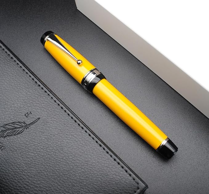 xixixiaozhu Metal Big Fountain Pen Set Medium Nib 0.7mm, Includes Ink Refill Converter, 5 Ink Cartridges & Gift Box (Medium Nib 0.7mm, Yellow with Silvery Clip)