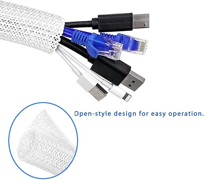 QCSIW 3/4"-50ft Extra-Long Braided Cable Sleeve Protector - Self-Wrapping Pet-Proof Wire Loom for Home Theater, Office, Car Engine, Chew-Resistant Cord Cover, White