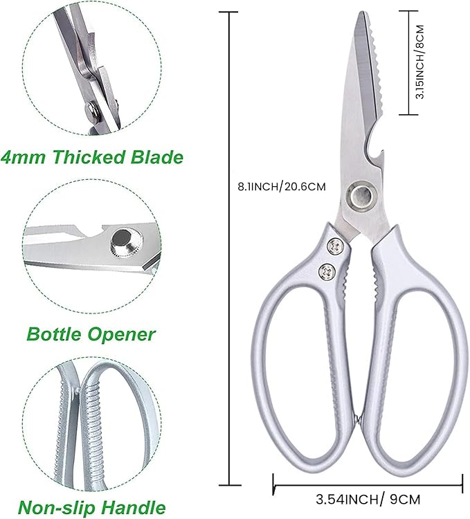 Kitchen Scissors All purpose, Have duty Stainless Steel Cooking Shears for Cutting Meat,Chicken, Poultry, Fish, Herbs, Seafood Scissors with Comfort Grip siver