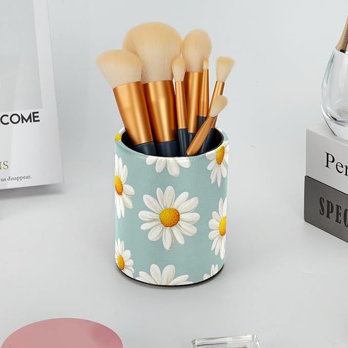Leather Pen Holder for Desk, Daisy Pencil Cup Desktop Organizer Makeup Brush Holders Office Supplies for Home, Kids & School