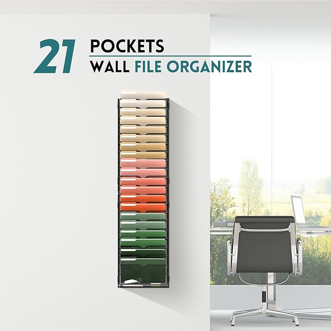 SUPEASY Wall File Organizer Mesh Office Mail Holder, Hanging Wall Organizer Magazine Rack for Office Black, 21 Tier