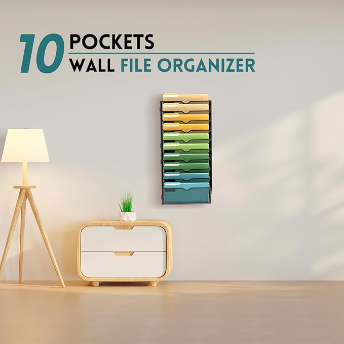 SUPEASY Wall File Organizer Mesh Office Mail Holder, Hanging Wall Organizer Magazine Rack for Office Black, 10 Tier