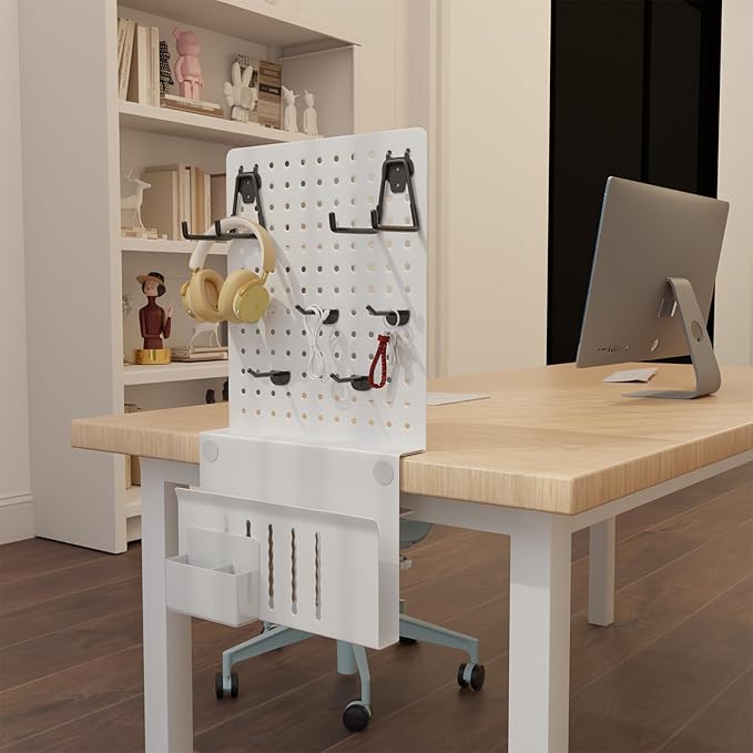 Henitol Clamp-on Desk Pegboard,Desk Side Storage,Steel Privacy Panel,No Drill Side Desk Organizer with Pen Holder,Table Side Organizer Laptop Holder for Office and Home (White)