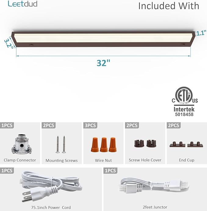 Leetdud LED Under Cabinet Lighting Hardwired or Plug in, 32 Inch 16W, Dimmable 5 Color 2700K/3000K/3500K/4000K/5000K, Linkable Eyes Care Design Counter Lights for Kitchen, Sink, ETL Listed, Bronze