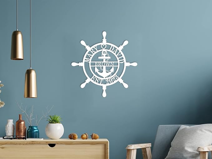 Personalized Wheel Ship Metal Sign, Custom Nautical Wall Decor, Custom Ship Wheel Monogram Wall Sign, Lake Beach House Decor