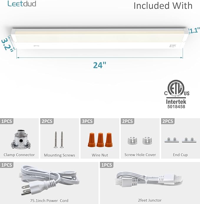 Leetdud LED Under Cabinet Lighting Hardwired or Plug in, 24 Inch 12W, Dimmable 5 Color 2700K/3000K/3500K/4000K/5000K, Linkable Eyes Care Design Counter Lights for Kitchen, Sink, ETL Listed, White