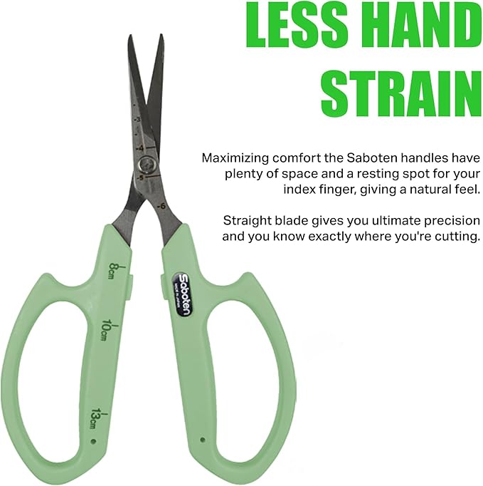 Saboten Stainless Steel Straight Blade Trimming Scissors Green PT-12 160mm Precision Gardening Bonsai and Floral Shears Made in Japan